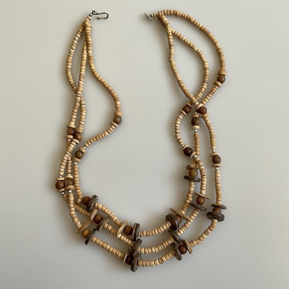 BOHO WOOD BEAD TRIPPLE STRAND NECKLACE
